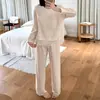 Pijama de Lã Cashmere Outono Inverno para Mulheres Espessado Quente com Bojos Conjunto Confortável Solto Roupas de Casa