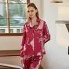 Pijama de Leopardo Rojo Escarlata para Mujer, Estampado de Leopardo Rojo Vino, Primavera y Otoño, Seda Sintética, Cuello de Traje, Manga Larga, Conjunto de Ropa de Casa Holgado