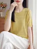 Top de Ganchillo Hueco de Manga Corta con Textura Delicada, Ligero y Transpirable, Diseño de Hombro Caído que Favorece Todos los Tipos de Cuerpo, Top de Punto de Verano para Mujer