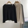 Camiseta Feminina de Tricô Estilo Coreano com Decote V e Falsa Duas Peças de Manga Comprida, Camisa Feminina de Decote V para Sobreposição Interna, Top Camiseta Versátil para Baixo para Mulheres