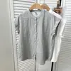 Camisa de Verano Nueva Estilo Japonés de Algodón y Lino con Cuello Mao, Holgada, Puños Elásticos, Manga Corta, Doble Capa de Gasa de Algodón, Color Sólido, para Mujer