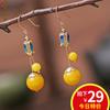 Pendientes de Cera de Abejas de Plata 925 Estilo Étnico para Mujer Pendientes Retro de Ámbar Estilo Chino con Productos de Cera Amarilla Antigua Grasa de Pollo Cloisonné
