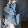 Jaqueta de Lã Masculina Estilo Hong Kong Bf Falsa de Duas Peças com Capuz Solta Corta-Vento Tendência Cool Casaco de Lã para Casais