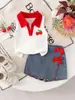 Comercio exterior infantil verano nuevo patrón de cerezas polo sin mangas chaleco falda de mezclilla pantalones conjunto de dos piezas dulce y lindo