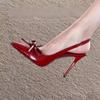 Laço Salto Alto Vermelho Sapatos de Casamento Femininos Estileto Bico Fino Sexy Irmã Real Encontro Sandálias de Bico Sapatos Femininos Bonitos