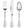 En stock juego de cubiertos occidentales desechables dorados, tenedor y cuchara, juego de cubiertos de oro rosa con relieve, tenedor y cuchara plateados