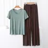 Conjunto de Duas Peças Feminino de Verão em Modal, Fino, Manga Curta, Calça Nove-Quartos, Cor Sólida, Elástico, Solto, Simples, Roupa de Casa