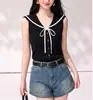 Chal de Punto sin Mangas con Cuello en V, Bloques de Color, Azul Marino de Nicho, para Verano, Estilo Universitario Femenino, Ceñido a la Cintura, Adelgazante, Hermoso Top