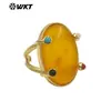 Wt-R585 Anillo Abierto Geométrico Retro Británico con Patrón Ovalado, Piedra Natural Colorida, Chapado en Oro de 18 Quilates para Hombres y Mujeres