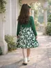 Vestido de Encaje Verde con Lazos y Estampado Floral de Retazos, Manga Larga, para Niñas de Primavera y Otoño, Ropa Infantil de Moda, Suministro Transfronterizo