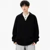Suéter de Tricô Gola Lapela Listrado Vertical Falso Duas Peças Masculino Plus Size Tendência Outono/Inverno Estilo Preguiçoso para o Trabalho Pulôver Malha