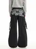 Pantalones Cargo Rectos Estilo Retro Americano Oreeta Unisex Estampado de Letras Street Hip-Hop Multibolsillos Pierna Ancha Casuales