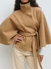 Moda Cruzada Amazon Nova Outono e Inverno Feminina Europeia e Americana Cor Sólida Capa Gola Alta Botão Cinto Casaco Trench Coat Jaqueta