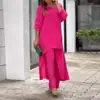 Roupas femininas transfronteiriças europeias e americanas de 2026: Conjunto de top longo de gola redonda, manga de três quartos e barra assimétrica com calça larga solta