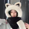 Gorro de felpa lindo con orejas de zorro para otoño e invierno, cálido y a prueba de viento, conjunto de tres piezas para mujer, hace que la cara se vea más pequeña, gorro engrosado que cubre las orejas