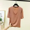 Camiseta Modal Nova Patchwork Gola V Manga Cinco Pontas Feminina Verão Tamanho Grande Elástica Camada Base Solta Casual