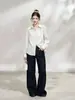 Camisa Blanca de Rayas con Cuello y Cintura Plisada BESOBE para Mujer, Blusa Casual Elegante Holgada de Manga Larga para Otoño