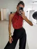 2025 Otoño Transfronterizo Nuevo Diseño Estilo Chica Caliente Americana Camisola con Cordones de Lunares de Ácido Acético Imitación de Cuello Halter para Mujer