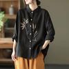 Comercio Exterior Exportación Literario Retro Bordado Algodón y Lino Camisa de Mujer Versátil Solapa Manga Larga Color Sólido Camisa Holgada Top de Mujer