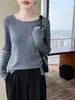 Suéter de Tricô Redondo de Lã Fina Novo Outono/Inverno 2026 Manga Longa Feminino Botão Lateral Cor Sólida Camisa Básica Solta