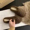 Chinelos peludos, bico fechado, estilo meia-calça, nova coleção outono 2026, sola plana, para usar ao ar livre, com forro de fleece para aquecimento, sapatos peludos, salto baixo, meia-calça