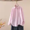 Colección Otoño 2026: Camisa de mujer estilo japonés de tela Oxford a rayas con bolsillos, cuello de punta, manga larga, estilo cárdigan