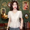Camisa Chiffon Manga Curta Estilo Nacional Cintura Marcada Esconde Barriga para Mulheres, Verão 2026 Nova Blusa Bonita com Babados de Caimento Solto Emagrecedora