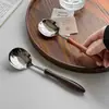 Cuchara Redonda de Acero Inoxidable 304 con Mango de Madera para Uso Doméstico, Cuchara de Comedor Sólida de Madera con Mango de Calabaza, Cuchara de Madera de Ala de Pollo, Cuchara de Alto Valor Estético