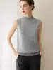 Chaleco sin mangas de color liso 100% cachemira pura con cuello medio alto para mujer, nuevo top de punto simple ajustado para otoño e invierno
