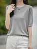 Suéter de Tricô para Mulheres, Fino de Manga Curta 2026 Novo Início de Primavera e Verão Gola Redonda Meia Manga Solto Manga Média Camiseta, Seda de Gelo