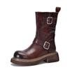 Botas de couro genuíno Knight com fivela de cinto retrô all-match botas de cano médio com forro de lã e camada superior de algodão botas femininas de couro de vaca