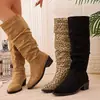 Botas Altas Otoño e Invierno 2025 para Mujer, Tacón Bajo Grueso, Punta Redonda, Caña Ajustada Estampado Leopardo, Botas de Montar de Tela Negra