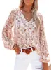 Nova Roupa Feminina Europeia e Americana Outono/Inverno Blusa de Chiffon com Decote V Manga Lanterna Feminina Camisa de Chiffon Floral com Estampa de Sangue
