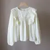 Camisa Elegante de Manga Larga con Volantes para Mujer, Color Sólido, Adelgazante, Antiedad, Estilo Corto, Petite, Puntadas Antiedad, Borde de Oreja