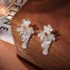 Pendientes Colgantes de Zirconia en Forma de Flor Plateada de Alta Gama, Modernos, Exquisitos y Elegantes, Joyería Popular Estilo Influencer