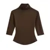 2560-26 Nova Moda de Início de Primavera Versão Coreana Garota Popular Desejo Puro Gola Alta Gola de Liocel Manga Média Elástico Slim Fit Camiseta Básica
