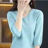 Estilo Nuevo Primavera y Verano Algodón Puro Tejido Cuello en V Canalé Manga Corta Moda Versátil Camiseta Básica Top de Manga Media para Mujer