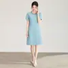 2604504-Nanyou Taladro para Uñas de Alta Calidad Cuello Redondo Drapado Adelgazante Manga Corta Vestido para Mujer Estilo Elegante Estilo Falda Midi