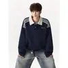Moletom com Gola Polo Estilo College de Listras Americanas Masculino Marca da Moda Caimento Relaxado Roupa Jovem Versátil Manga Longa Outono
