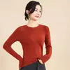 Camiseta base feminina de lã com gola redonda, cor sólida, macia e confortável, quente para primavera e outono, top essencial básico e versátil