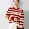 2025 Novo Outono e Inverno Tricô de Lã Pura Gola Redonda Manga Longa Feminino Design com Tranças Color Block e Listras Camisa Básica
