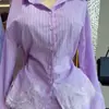 Ropa de mujer transfronteriza europea y americana 2026 otoño nuevo conjunto casual de camisa a rayas con encaje empalmado y pantalones cortos de pierna ancha de cintura alta