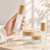 Tampa de Vidro com Textura de Madeira Frasco de Creme Fosco Várias Especificações Frasco Spray Frasco de Loção Pote para Máscara Facial Frasco de Recarga de Amostra de Cosméticos