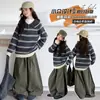 Conjunto de Ropa Casual de Moda Coreana para Niña Grande Estilo Otoño/Invierno Suéter Rayado Grueso con Solapa y Pantalones de Pierna Ancha