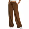 Pantalones de chándal casuales de pierna ancha para mujer Amazon, pantalones deportivos elásticos de cintura alta con cordón, pantalones largos holgados en stock, pantalones Lulu