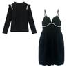 Talla Grande Vestido de Tirantes de Terciopelo Perla Conjunto de Dos Piezas Principios de Primavera Estilo Dama mm Gorda Cintura Alta Ajustado Vestidito Negro Traje