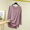 Top de algodão liso com gola redonda para casa, plus size, primavera-verão, nova camiseta, camisa feminina casual de manga longa, fina e solta