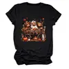 Camiseta feminina da Amazon Wish, transfronteiriça europeia e americana, de caimento solto, com estampas de bezerro de três cabeças, abóbora em carroça e folha de bordo, gola redonda, mangas curtas