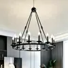 Candelabro circular vintage estilo americano, lámpara de sala con anillo de hierro negro, iluminación hecha a medida para villas y dúplex