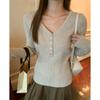 Camisa Básica Chic de Malha de Alta Qualidade para Mulheres no Início do Outono, Gola V Justa com Botões, Ajuste na Cintura, Camada Interna Rejuvenescedora
